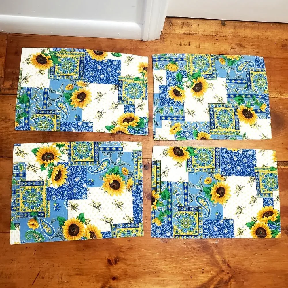 4 Vintage Cloth Table Placemats Table Mats Washable Reusable Blue Yellow